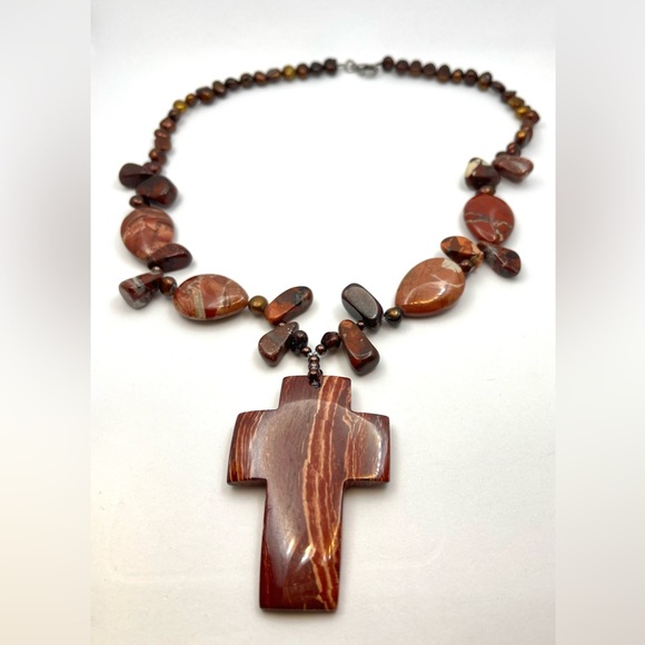 Red Jasper Necklace Natural Gemstones- AAA Nugget Bronze Color Freshwater Pearl - Picture 3 of 14